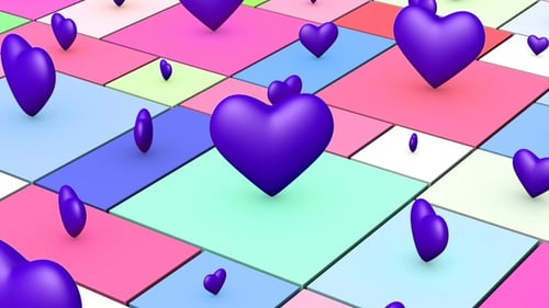 Colorful 3D Hearts Bouncing on a Geometric Grid Background