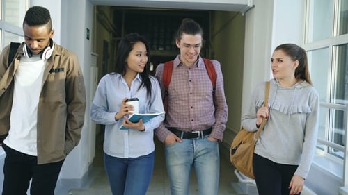 Mutli-ethnic Group of Male and Female Students Are Walking in Big Corridor of University