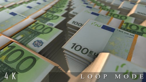 Seamless Looping Animation Over Stacks of 100 Euro Banknotes