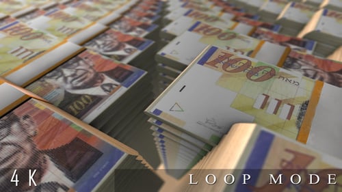 Stacks of Israeli New Shekel 100 Banknotes Finance Background