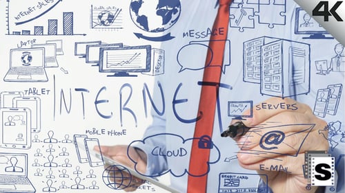 Writing Internet on Screen with Blue Technology Sketches