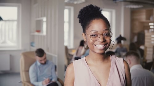 Portrait of Beautiful Young African American Successful Businesswoman, Looking at Camera in Loft