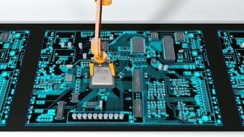 Robot Arm Assembles a Computer on Factory, Loop