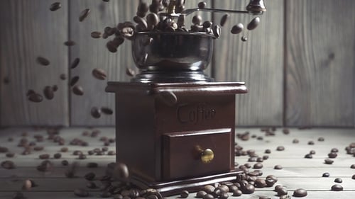 Coffee Beans Falling into Vintage Manual Grinder