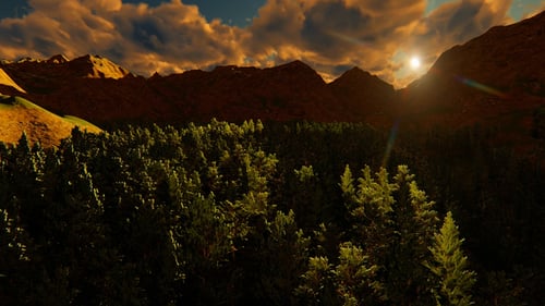 Dynamic 3D Mountain Forest Flyover Animation at Sunset