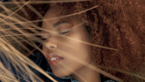 Black Mixed Race Woman with Big Afro Curly Hair in Lawn Field with High Dry Autumn Hay Grass and