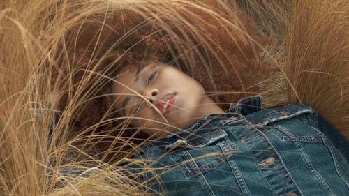 Black Mixed Race Woman with Big Afro Curly Hair in Lawn Field with High Dry Autumn Hay Grass and