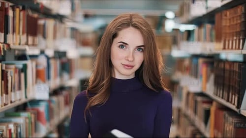 Thoughtful Young Female Student Reads a Book Standing in the Library