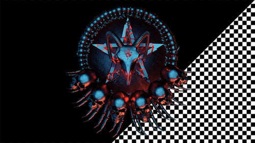 Rotating Dark Industrial Goat Skull Emblem with Glowing Pentagram