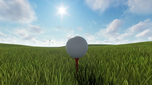 Animated Golf Ball on Tee in Green Grass under Sunny Sky