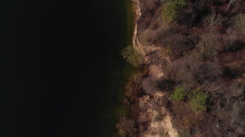 Aerial View From Drone. Flying Over Deep River or Lake and a Steep Bank From Height. Amazing