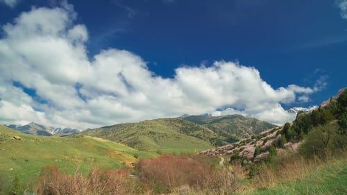 Spanish Spring Mountains with Flowering Trees and Beautiful Clouds in