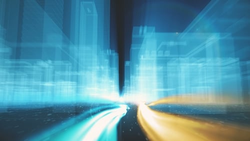 Animación abstracta de bucle continuo de cables de fibra óptica que llevan información a la ciudad de estructura metálica
