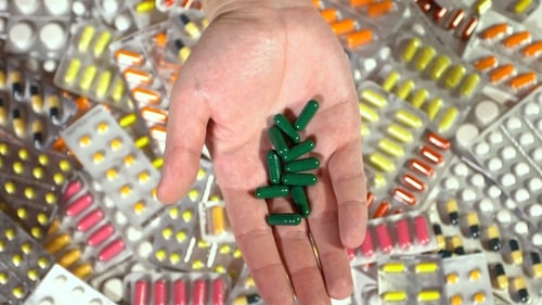 Hand holding green capsules over medicine background