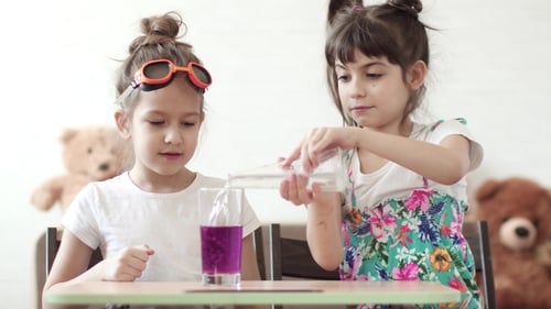 Children Doing Science Experiment, Mixing Liquid, and Color Change