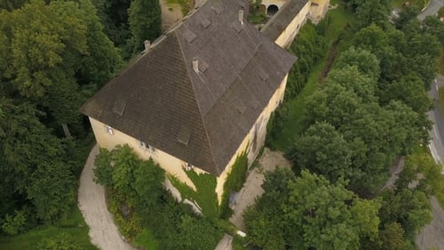 Aerial View of Medieval Castle Halleg in Klagenfurt, Austria, Karyntia. Flight Over Beautiful Castle
