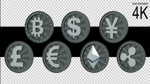 Spinning 3D Coins with Cryptocurrency and Currency Symbols Loop