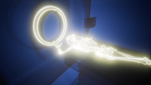 Glowing Human Skeleton Medical Scan in Futuristic MRI Machine