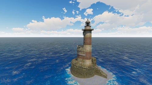 Animated 3D Lighthouse on Rock in Calm Ocean with Blue Sky