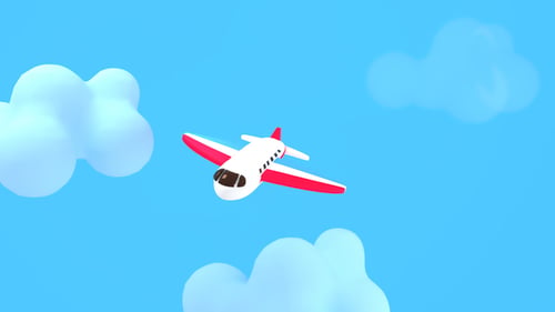 Cartoon Airplane Flying in Blue Sky with Stylized Clouds Loop