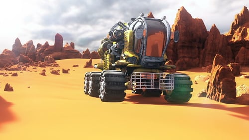 Futuristic Rover Navigates Alien Desert Landscape