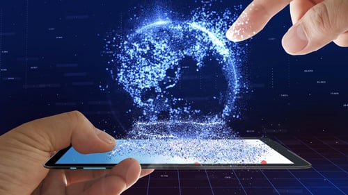 Abstract Blue Particle Sphere Holographic Digital World