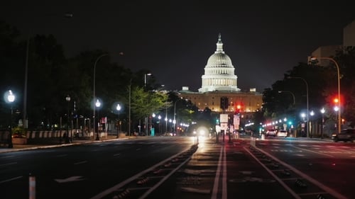 Capitol at Night, Traffic Machines. View From From Pennsylvania Avenue. Washington, DC