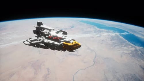 Gran nave espacial en la órbita terrestre