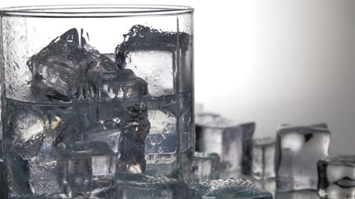 Icy Water and Cubes in Glass Close-up