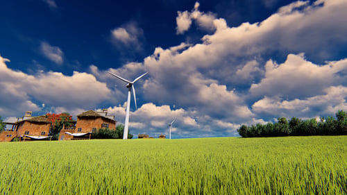 Windmühlen und blauer Himmel