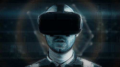A Talking Hologram of a Young Man with Digital Disturbances in Virtual Reality Glasses