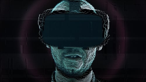 A Talking Hologram of a Young Man with Digital Disturbances in Virtual Reality Glasses
