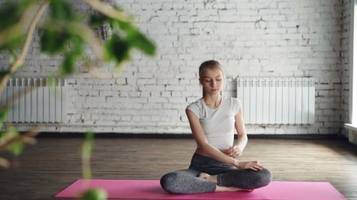 Young Woman Doing Yoga and Stretching Indoors