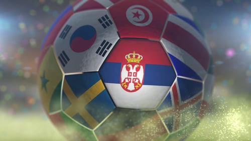 Serbia Flag on a Soccer Ball - Football Fly with Particles