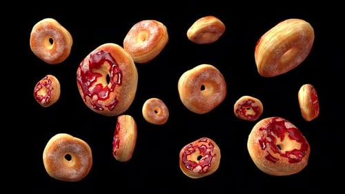 Animated Donuts with Red Jelly and Powdered Sugar Floating