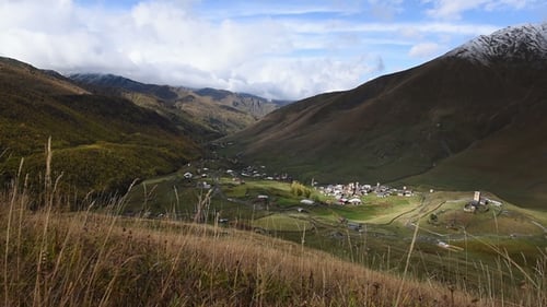 Amazing Touristic Place Ushguli Located at the Foot of Shkhara, One of the Highest Caucasian Summits