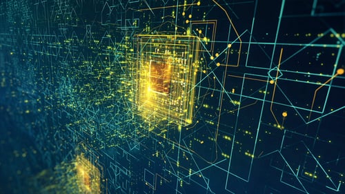Digital Circuit Board Animation with Glowing Data Flow
