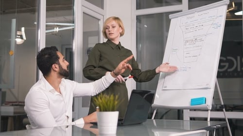 Woman Presents Business Strategy on Whiteboard to Colleague