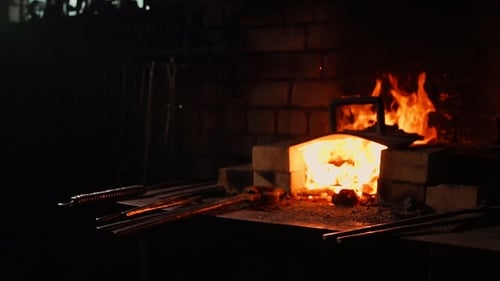 Intense Flames Inside a Blacksmith's Brick Forge