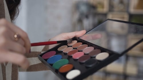 . Uma paleta com sombras e um pincel de maquiagem nas mãos do maquiador. A Garota Segurando