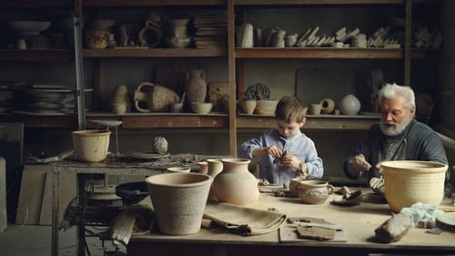 Man and Boy Sculpting Clay Together at Workbench