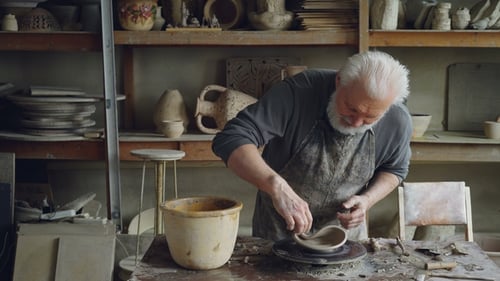 Creative Sculptor Is Making Unusual Broad Bowl While Standing at Working Table in His Workshop