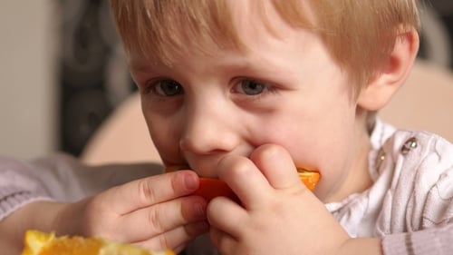 Little Boy with Pleasure Eating Orange, .