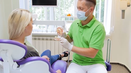 Dentist Explains Dental Procedure to Patient with Model