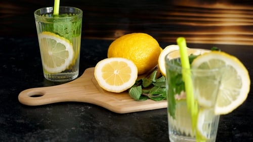 Lemonade with Mint on a Kitchen Counter