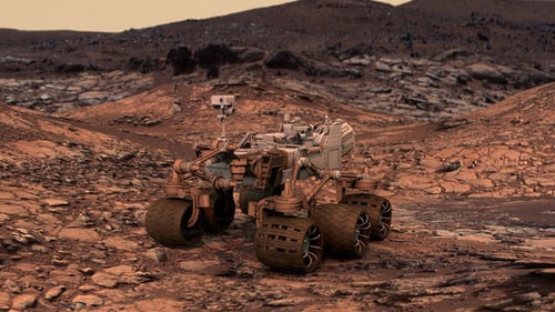 Martian Rover Explores Rocky Red Planet Landscape 3D Animation