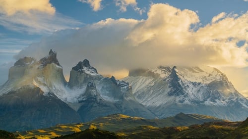 View of Torres Mountains in the Torres Del Paine National Park During Sunrise. Autumn in Patagonia