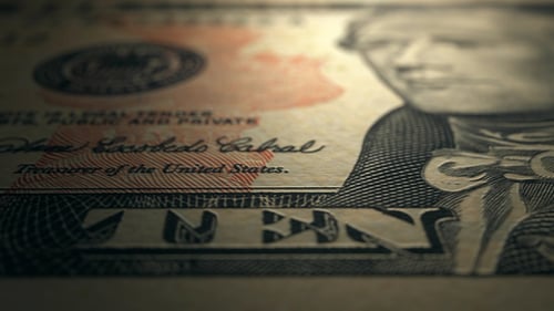 Escaneo de detalles macro de cerca del frente del billete de 10 dólares 4K