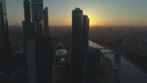 Skyscrapers of Moscow City Business Center and City Skyline at Sunny Sunrise