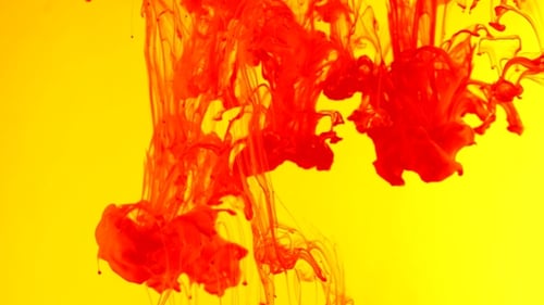 Red Ink Spreading in Yellow Liquid, Abstract Close Up